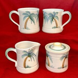 Tropical Artisan Hand-Crafted Stoneware Ceramic Mugs and Sugar/Creamer Set